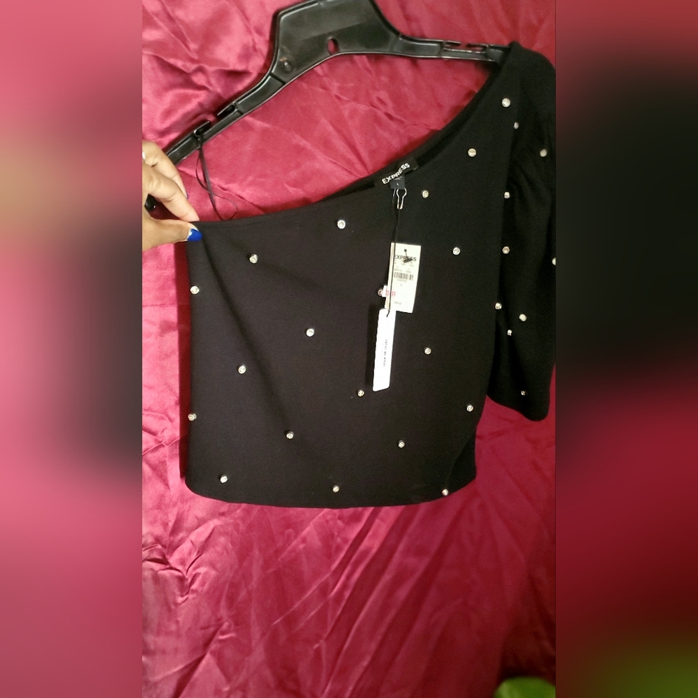 Express Black One Shoulder Blouse with Silver Embellishments